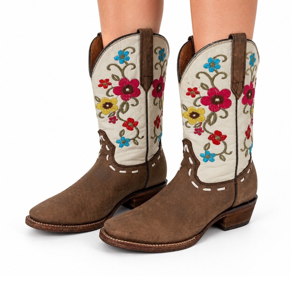 Potrero Floral Embroidered Leather Western Cowboy Roper Boots Women 7 Square Toe